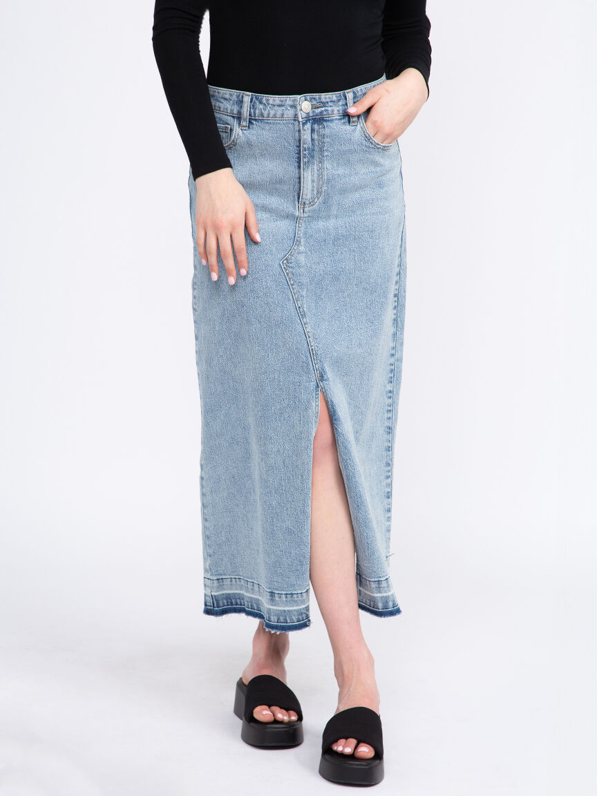 Women s Maxi Denim Skirt with Raw Hem Warehouse One