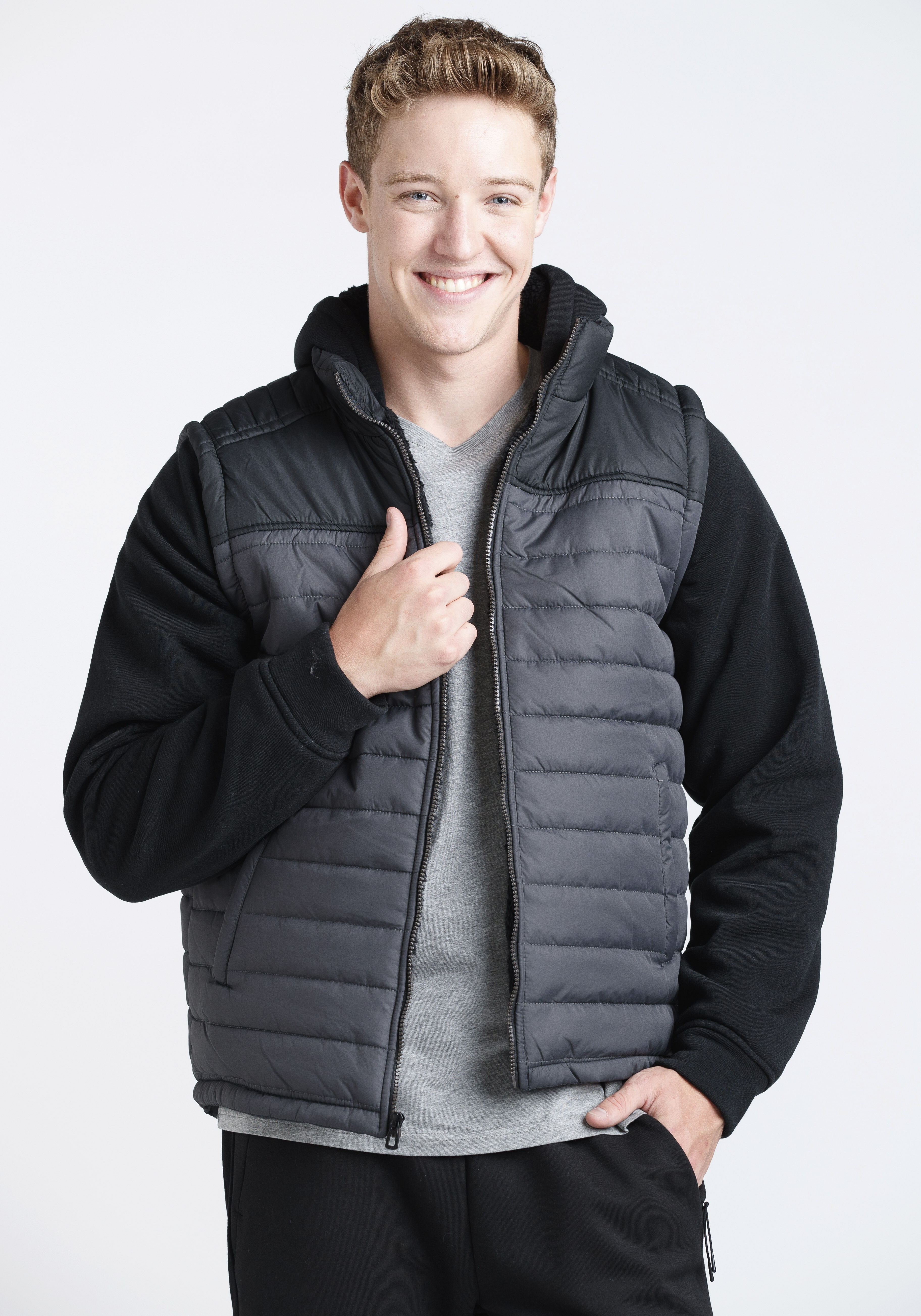 Puffer jacket with sweater sleeves best sale