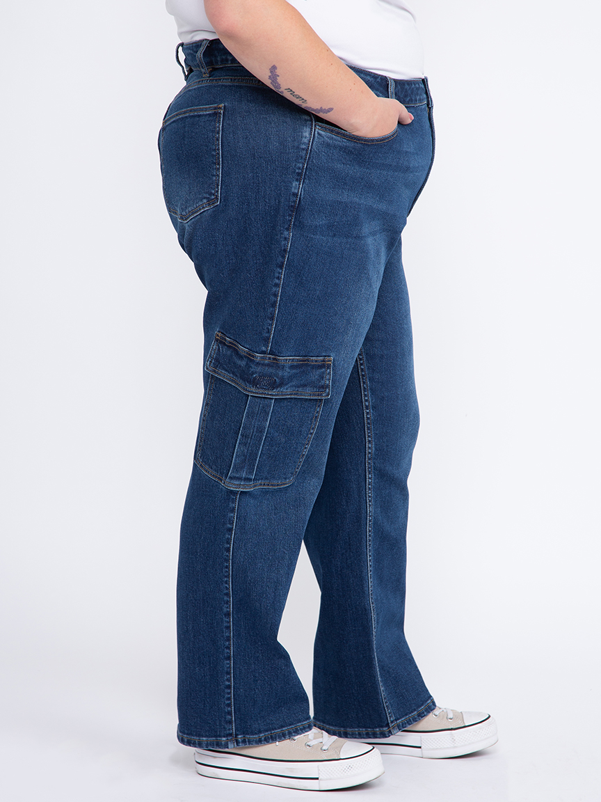 Women's Plus Dark Wash High Rise Drapey Wide Leg Cargo Jeans