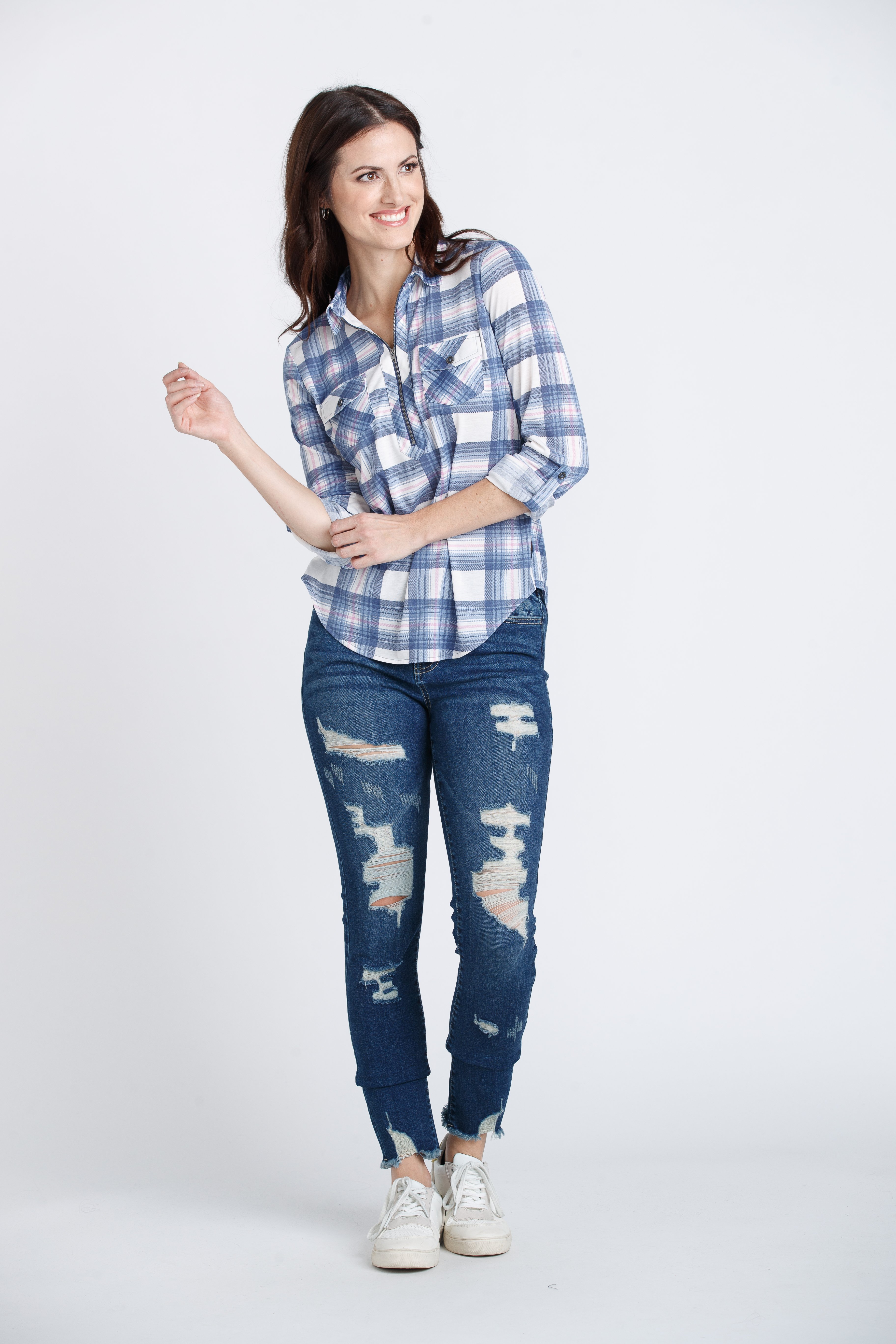 Women's Half Zip Knit Plaid Shirt