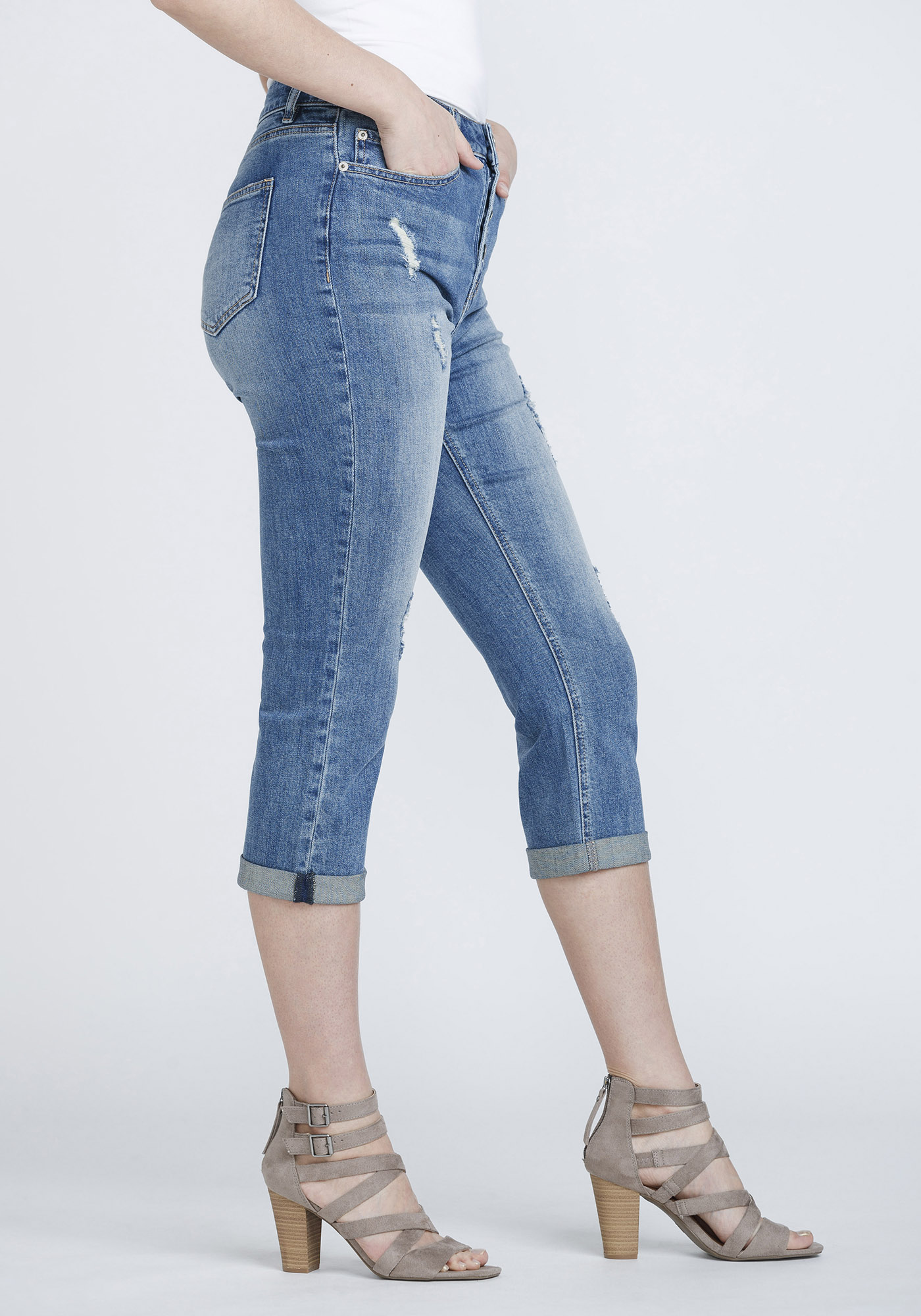 Women's High Rise Distressed Cuffed Crop