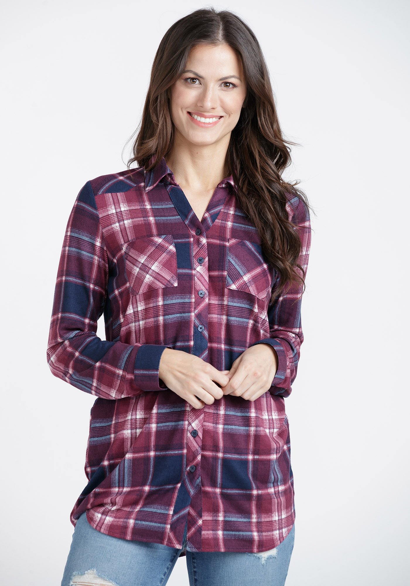 Women's Brushed Knit Plaid Tunic Shirt