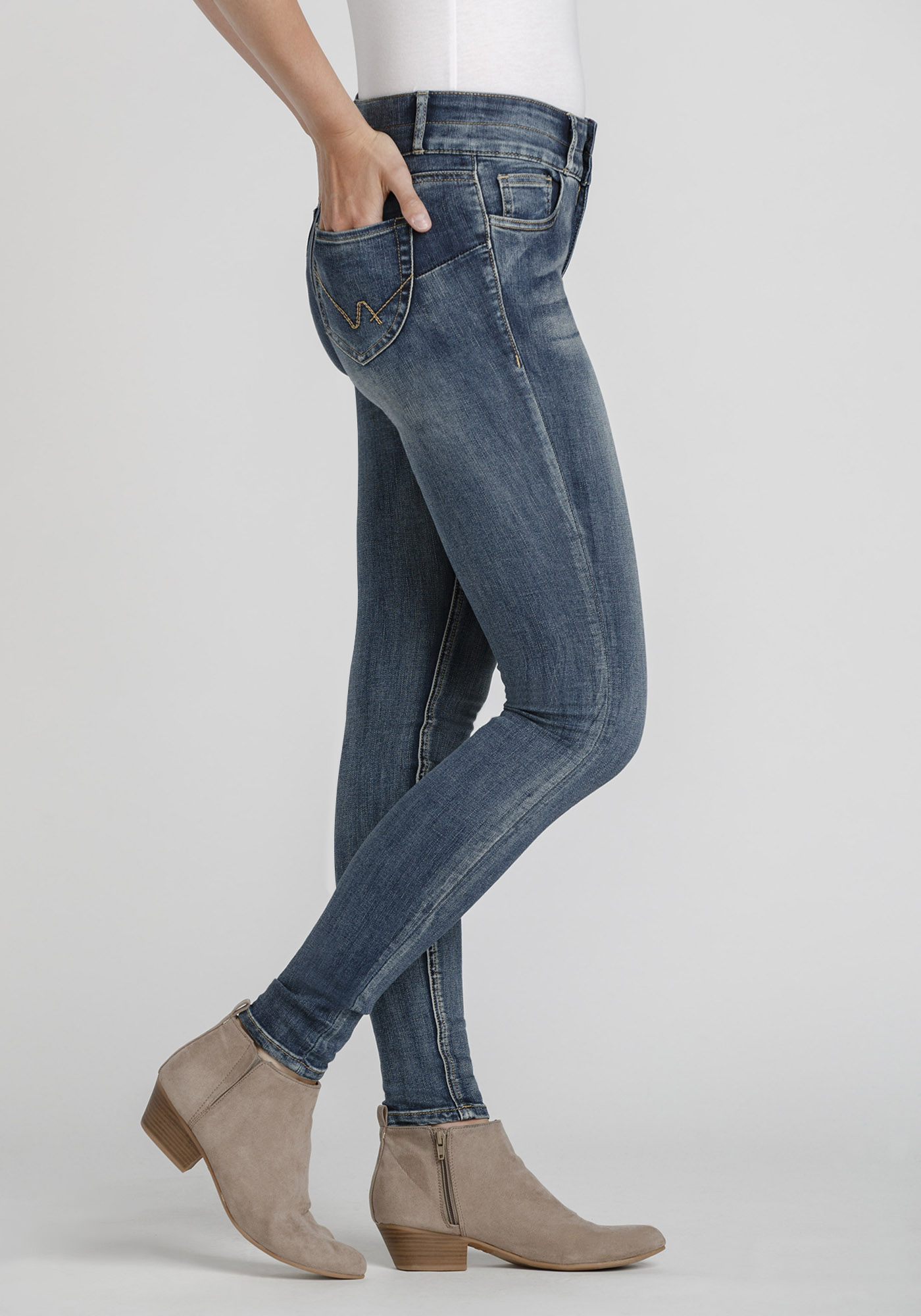 Women's Stacked Button Mid Wash Skinny Jeans