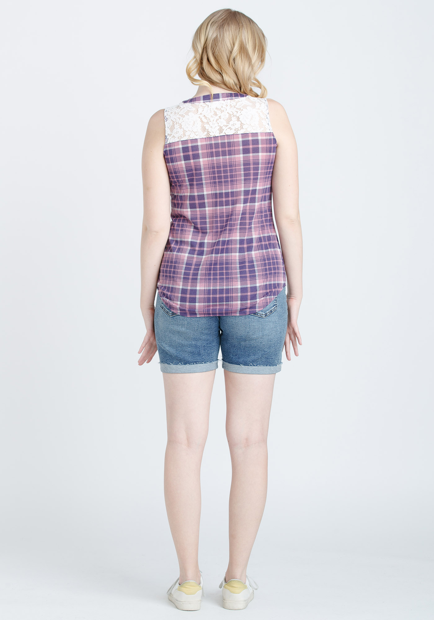 Women's Sleeveless Knit Plaid With Lace