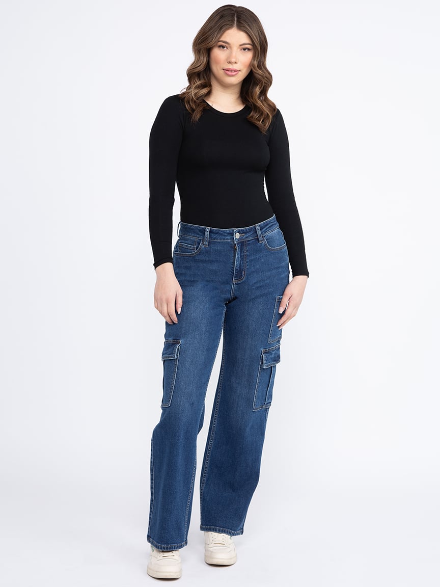 Women's Dark Wash High Rise Drapey Wide Leg Cargo Jeans