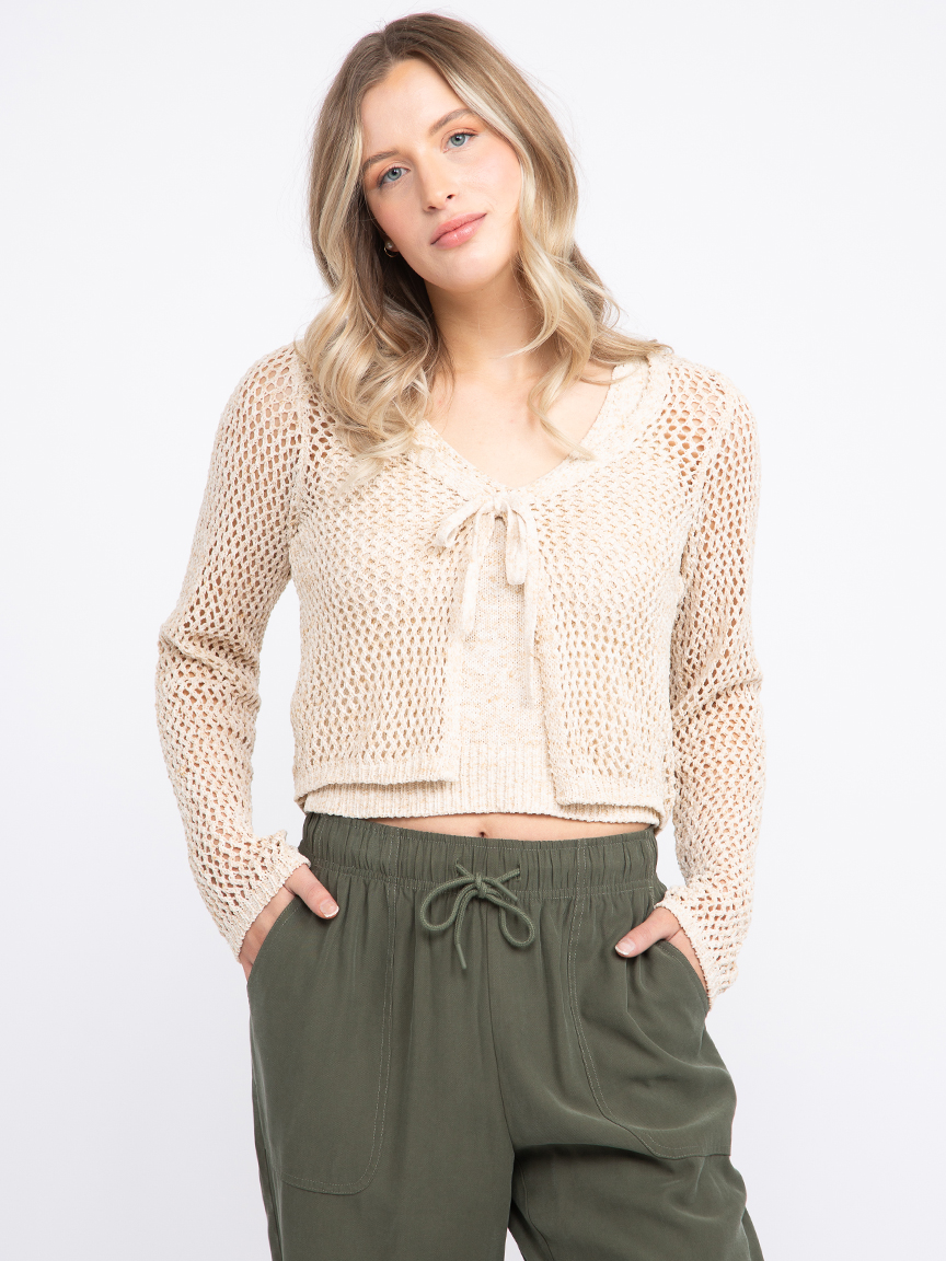 Women's Open Stitch Tie Front Cardigan