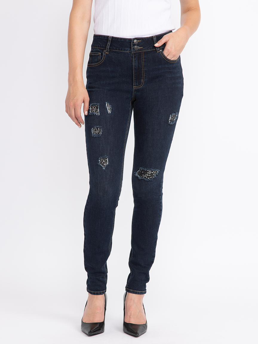 Women's Dark Wash 2 Button Sequin Patch Jeans