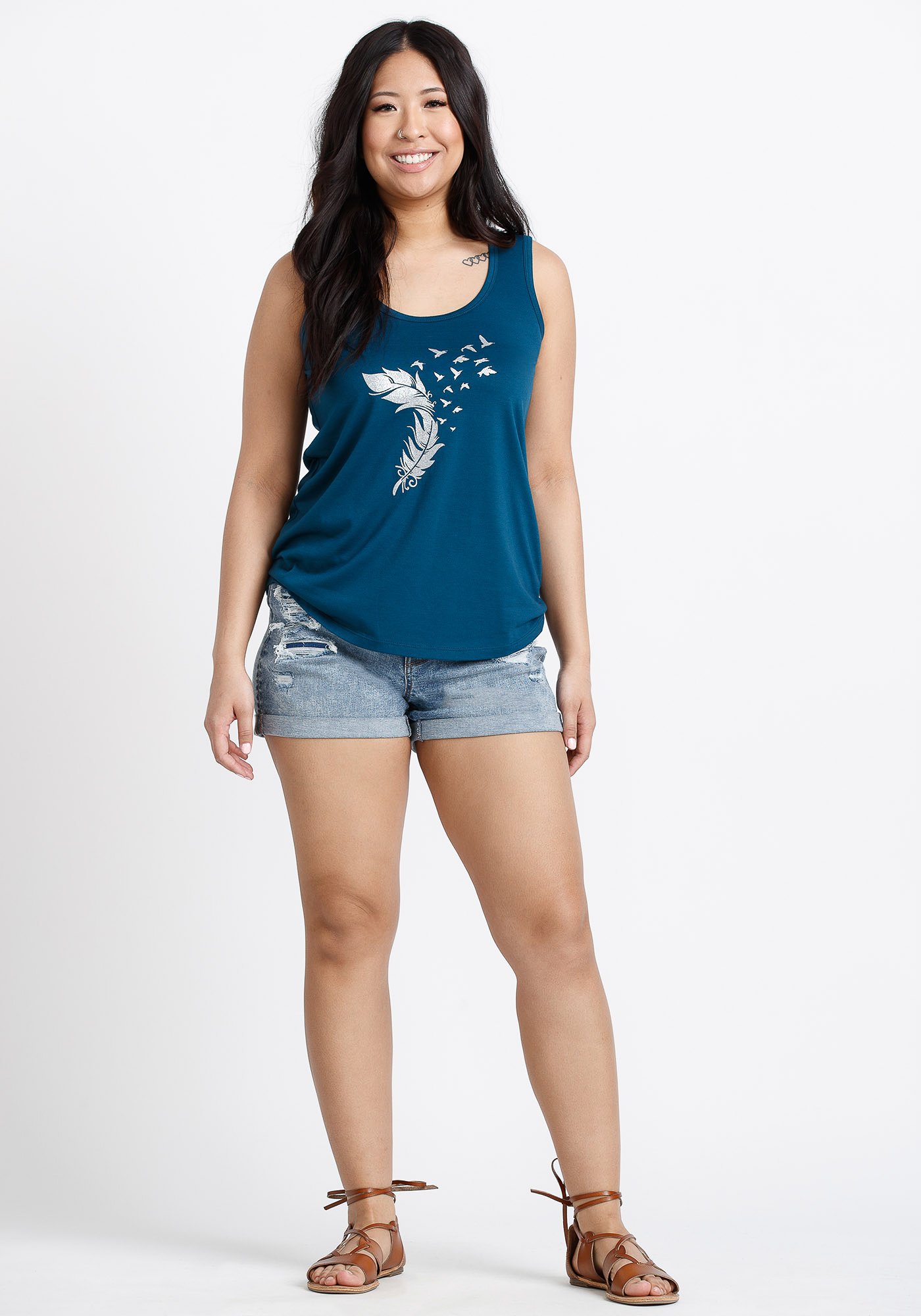 Women's Glitter Feather Scoop Neck Tank