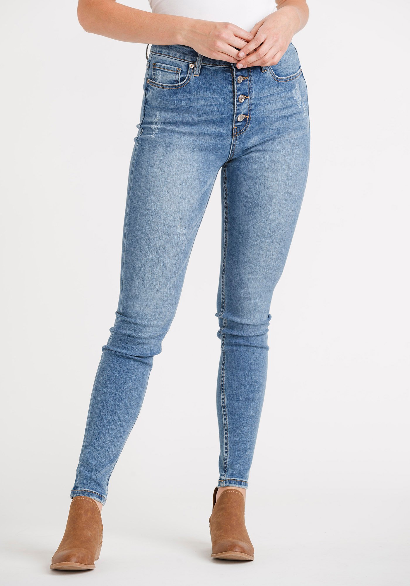 Women's Distressed Button Fly High Rise Skinny Jeans