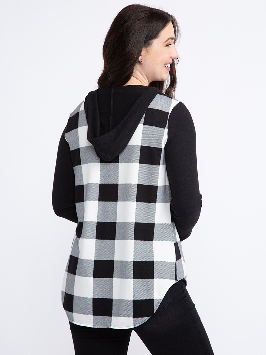 Women's Knit Hooded Buffalo Plaid Shirt