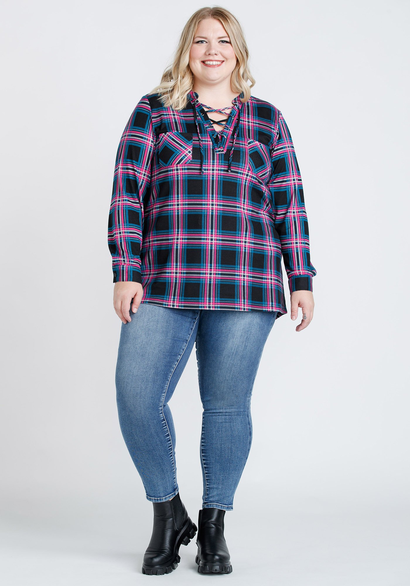 Women's Lace Up Plaid Shirt