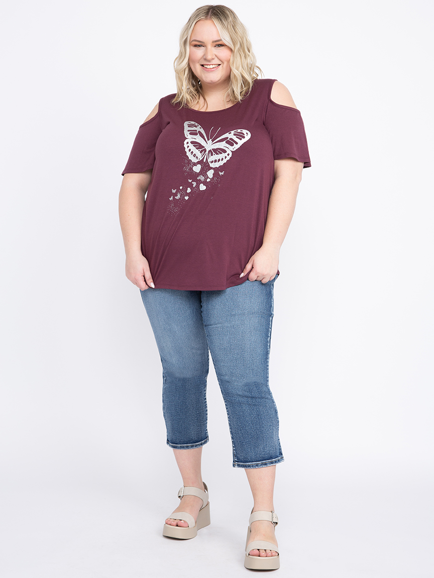 Women's Glitter Butterfly Cold Shoulder Tee