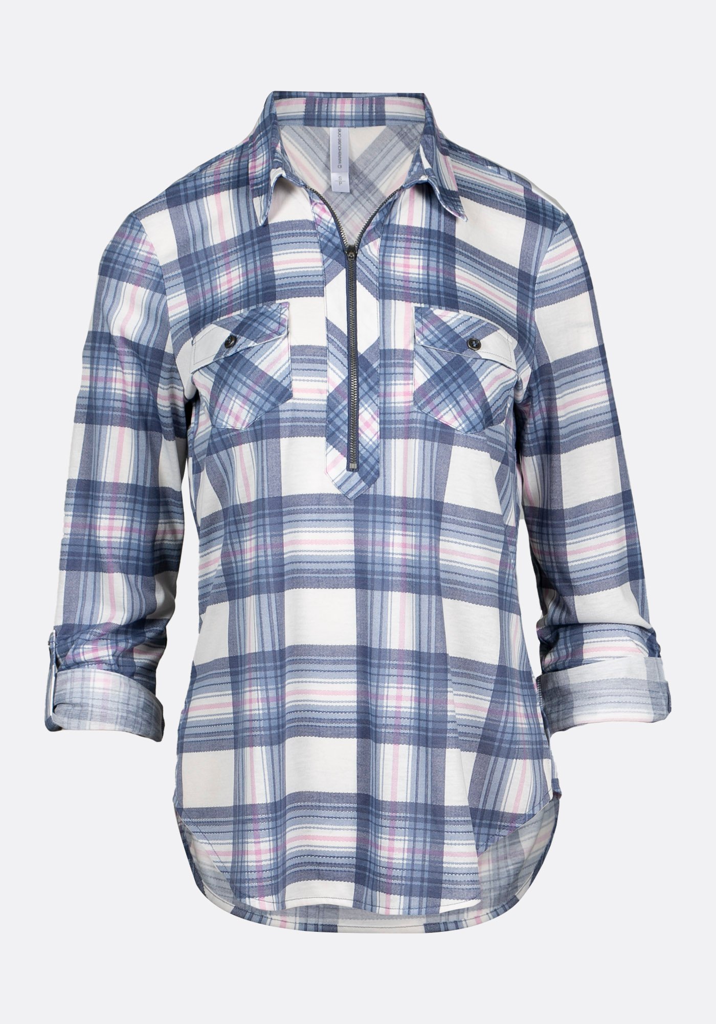 Women's Half Zip Knit Plaid Shirt