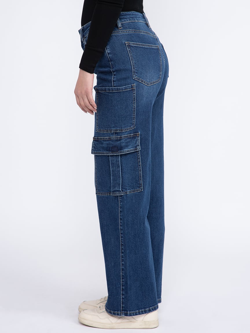 Women's Dark Wash High Rise Drapey Wide Leg Cargo Jeans