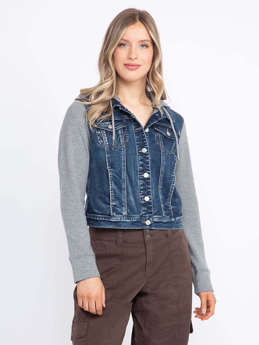 Women's Dark Wash Knit Sleeve Denim Jacket