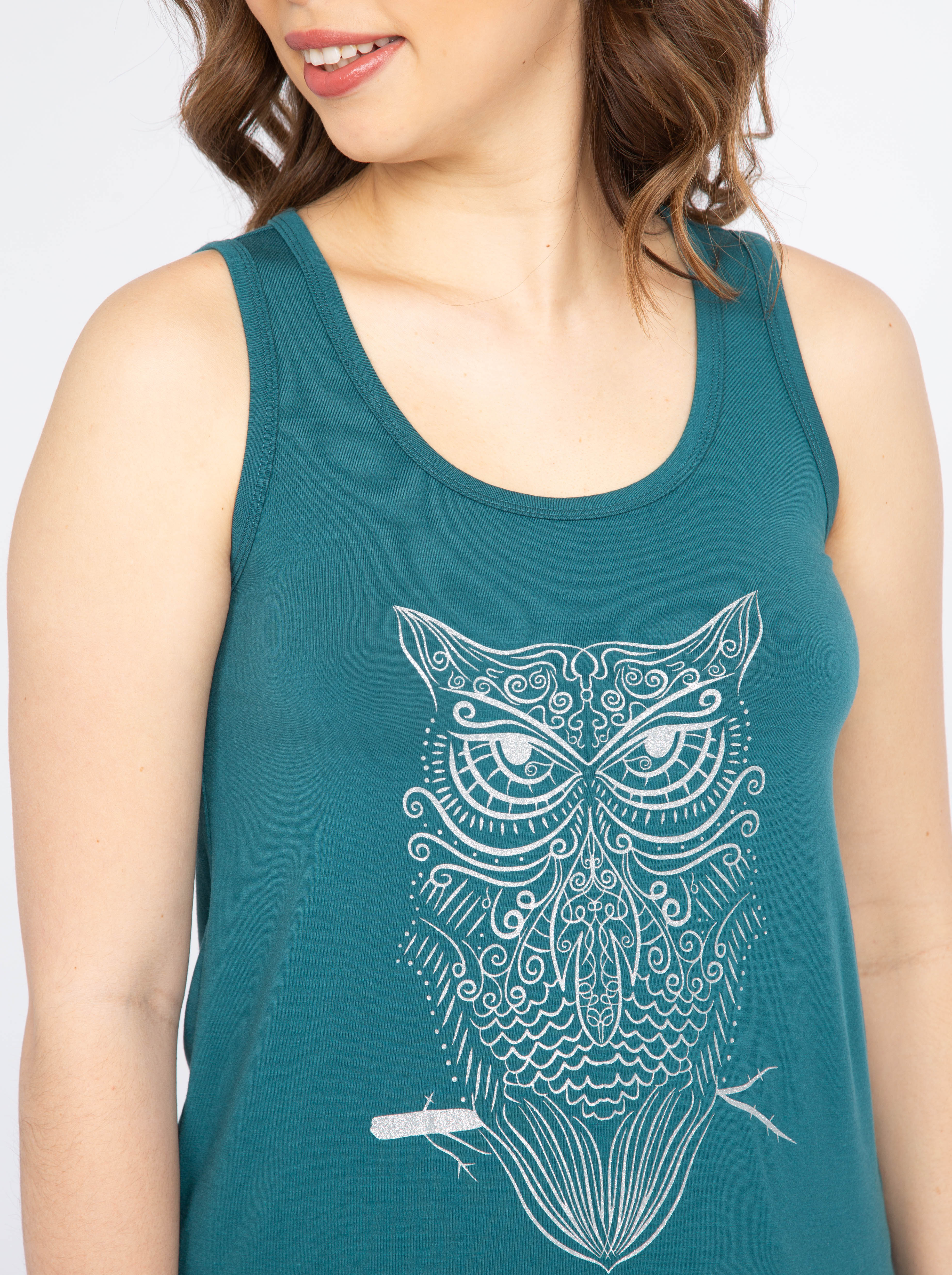 Women's Glitter Owl Scoop Neck Tank