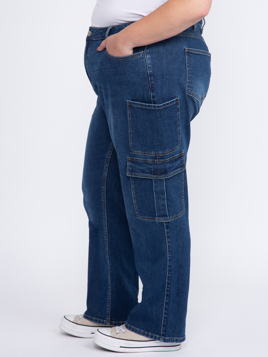 Women's Plus Dark Wash High Rise Drapey Wide Leg Cargo Jeans