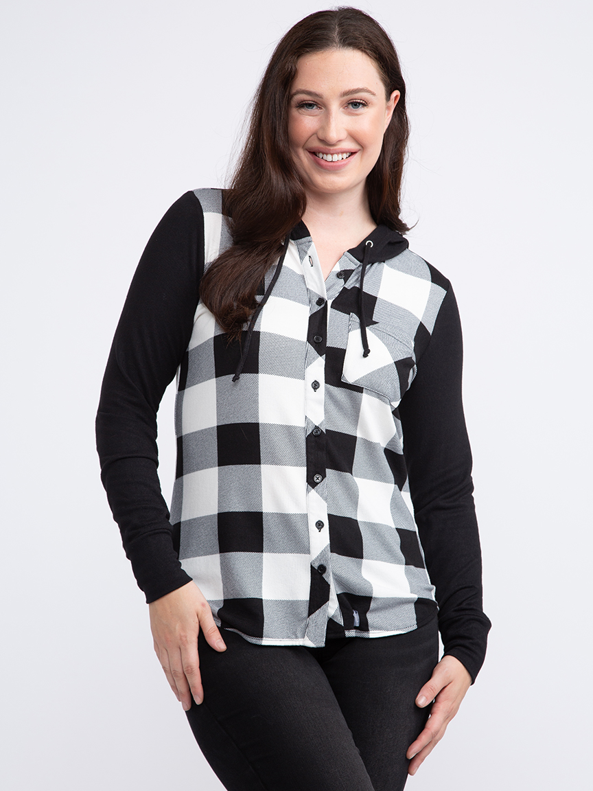 Women's Knit Hooded Buffalo Plaid Shirt