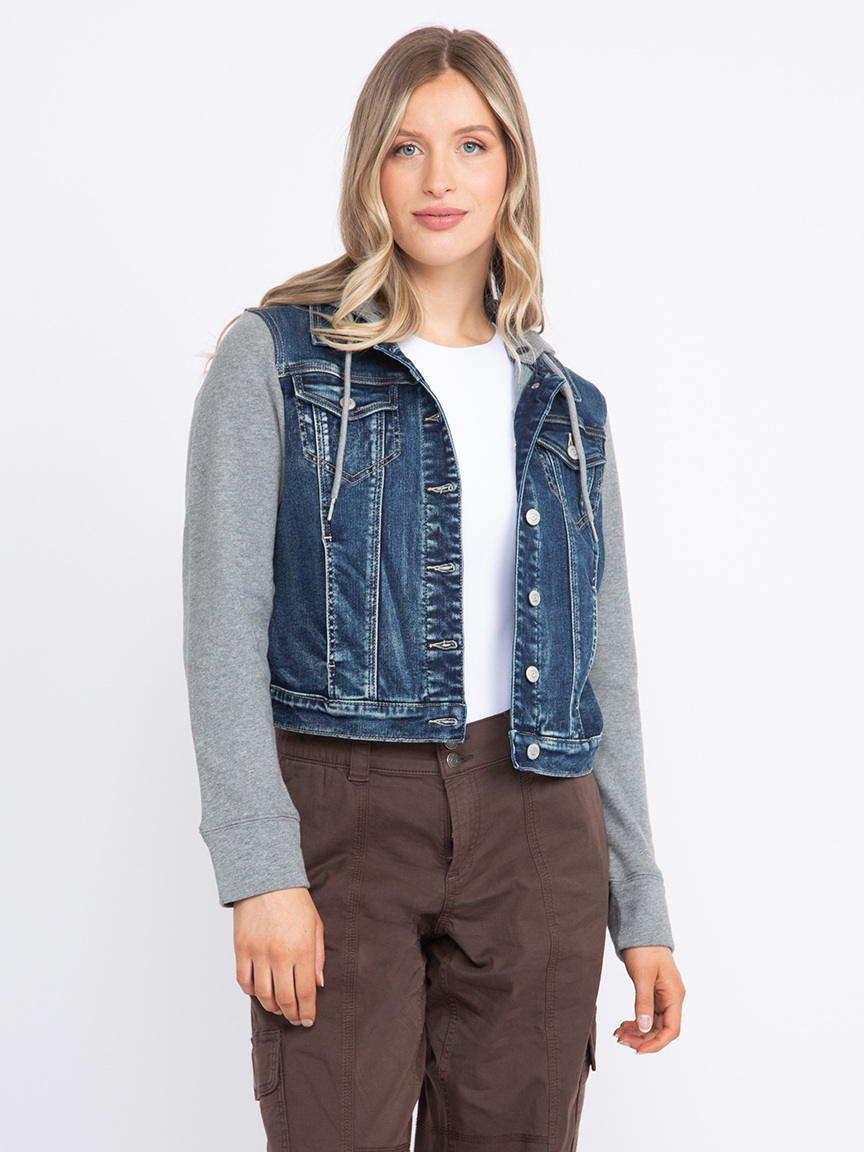 Women's Dark Wash Knit Sleeve Denim Jacket