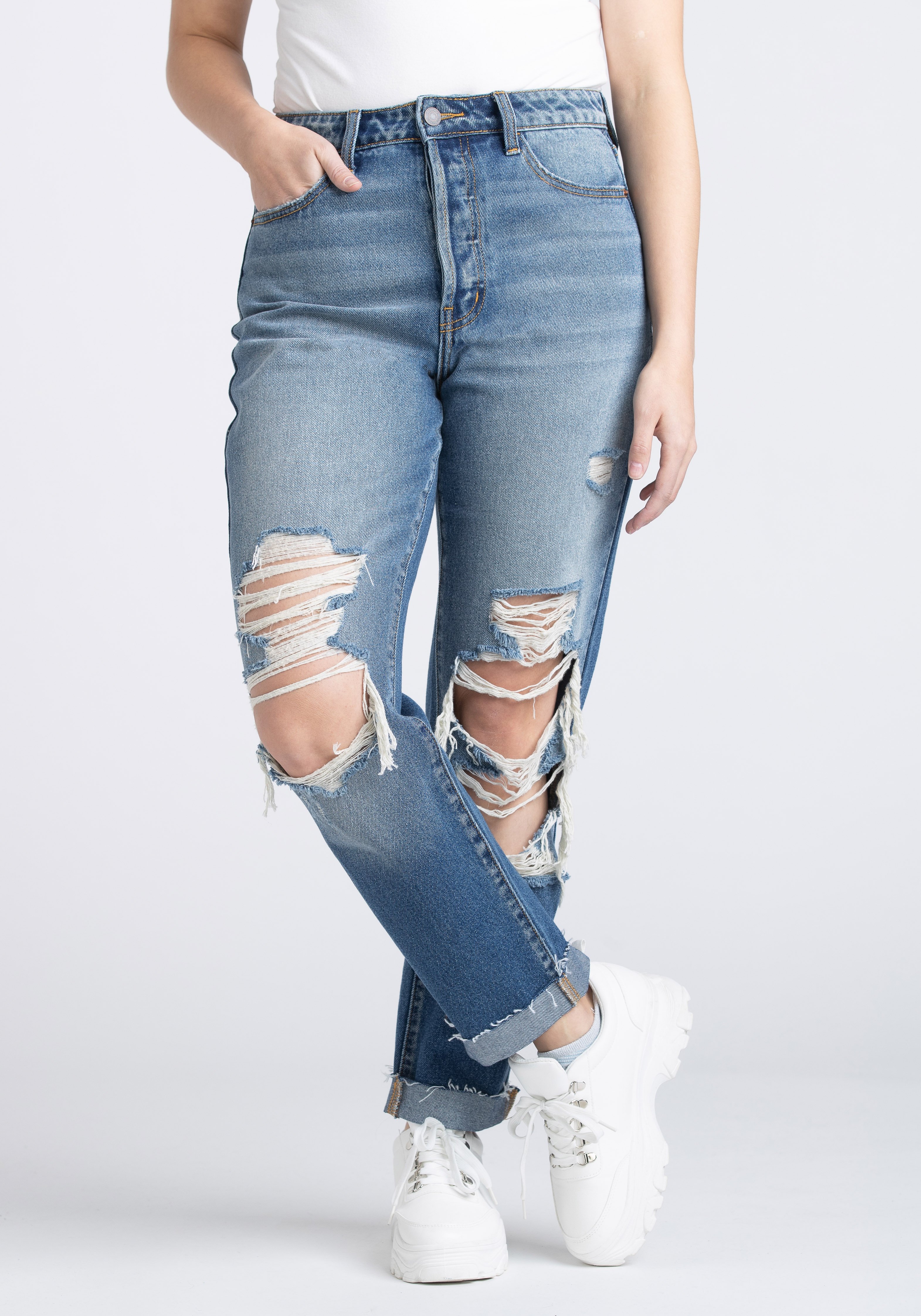 Women's High Rise Destroyed Cuffed Straight Jeans