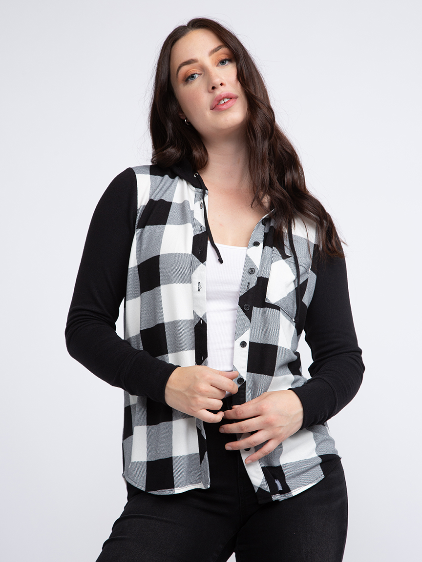 Women's Knit Hooded Buffalo Plaid Shirt