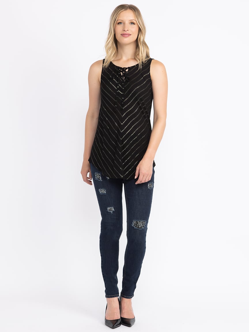 Women's Metallic Cross Neck Tank