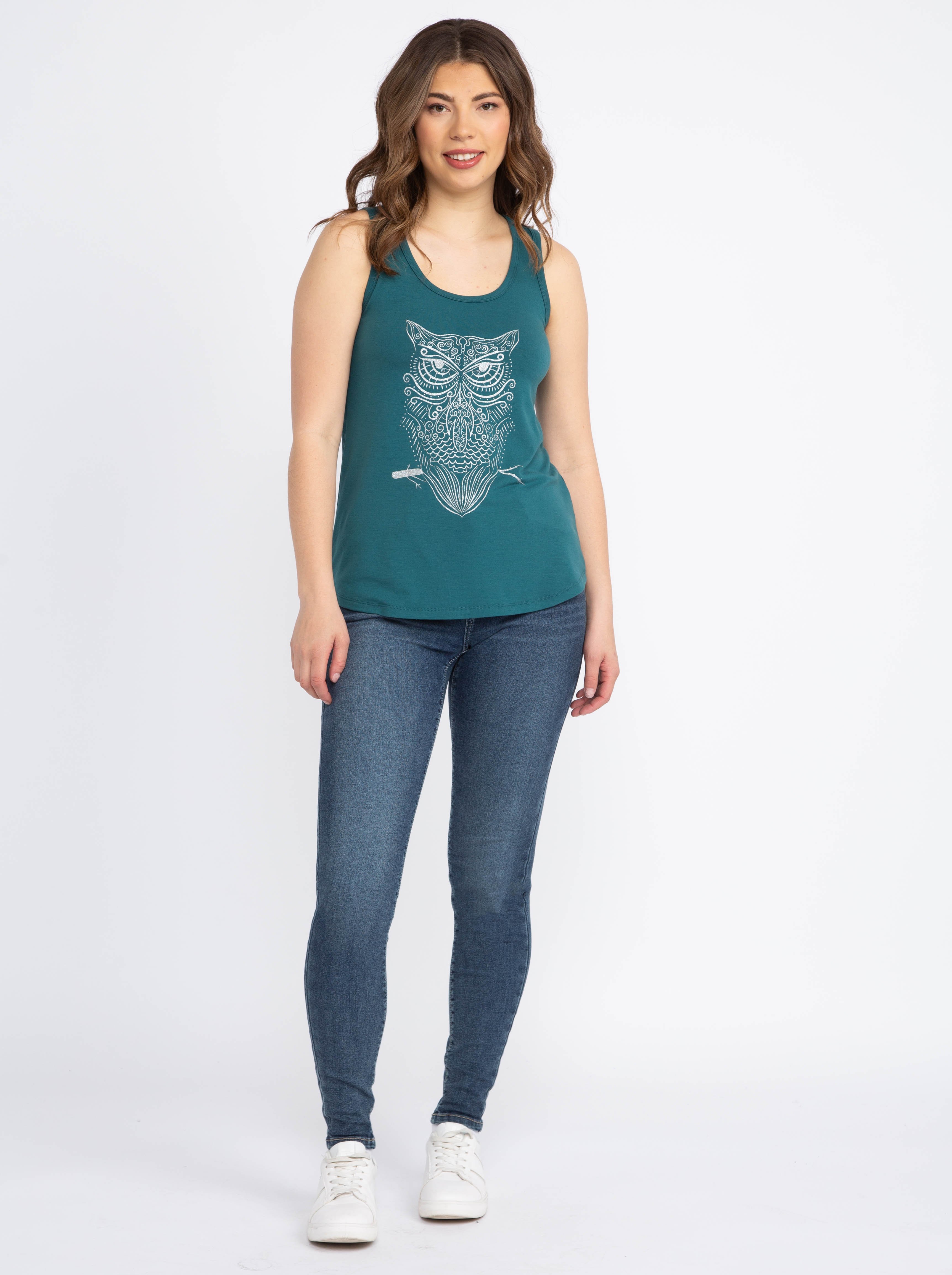 Women's Glitter Owl Scoop Neck Tank