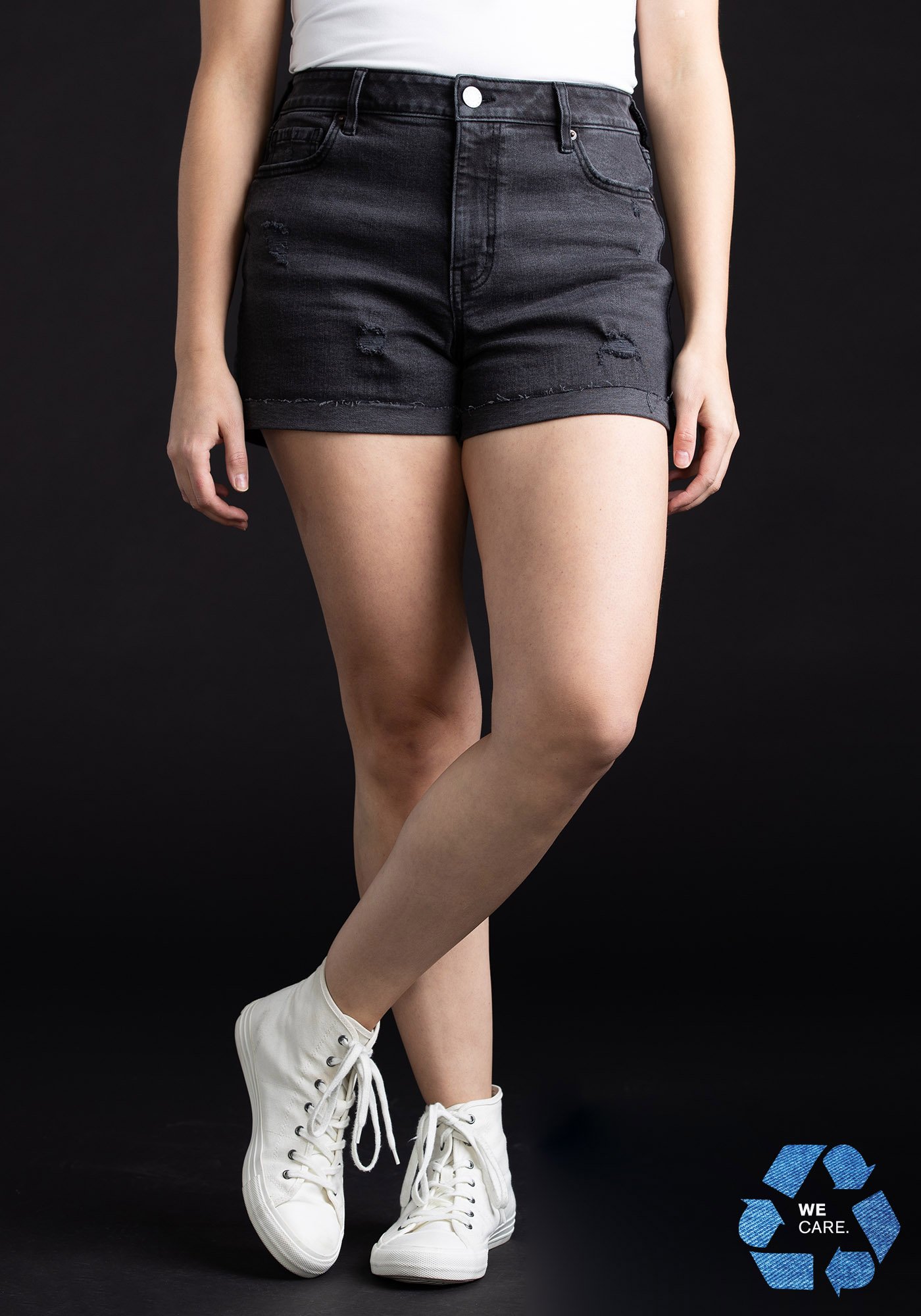 Women's High Rise Destroyed Black Cuffed Short