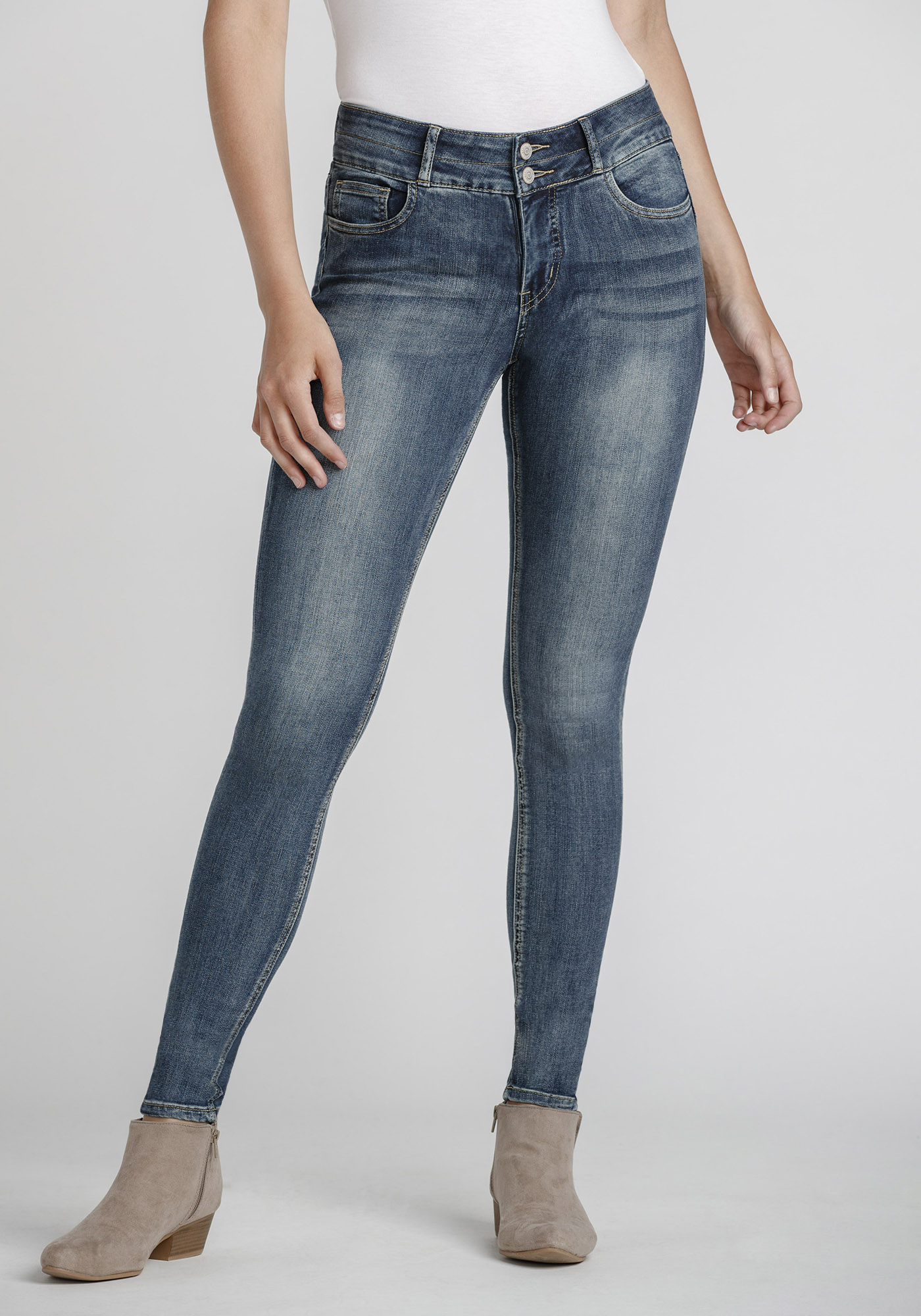 Women's Stacked Button Mid Wash Skinny Jeans