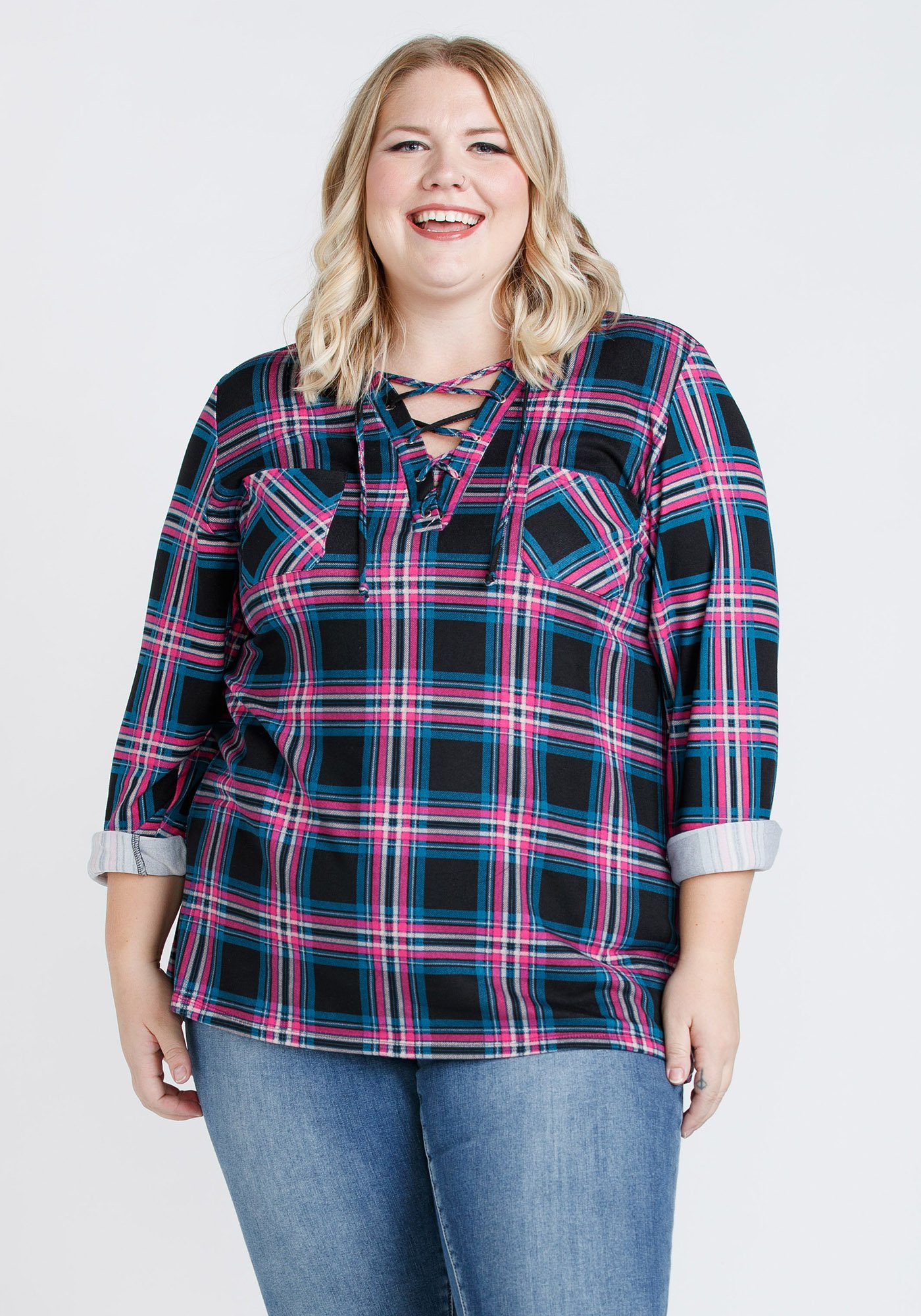 Women's Lace Up Plaid Shirt