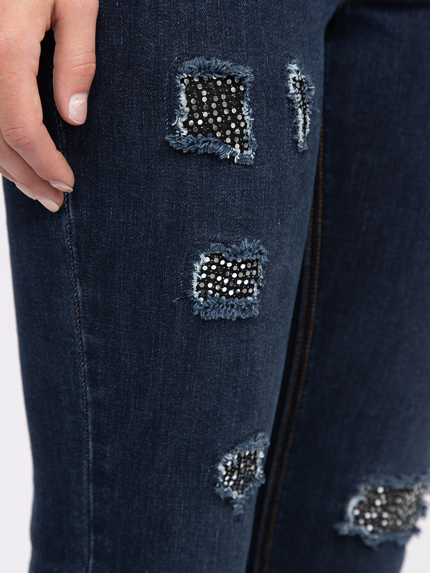 Women's Dark Wash 2 Button Sequin Patch Jeans