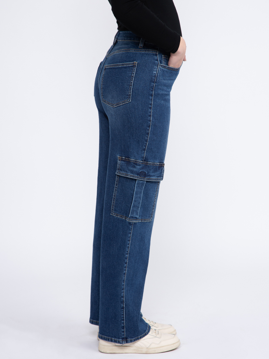 Women's Dark Wash High Rise Drapey Wide Leg Cargo Jeans