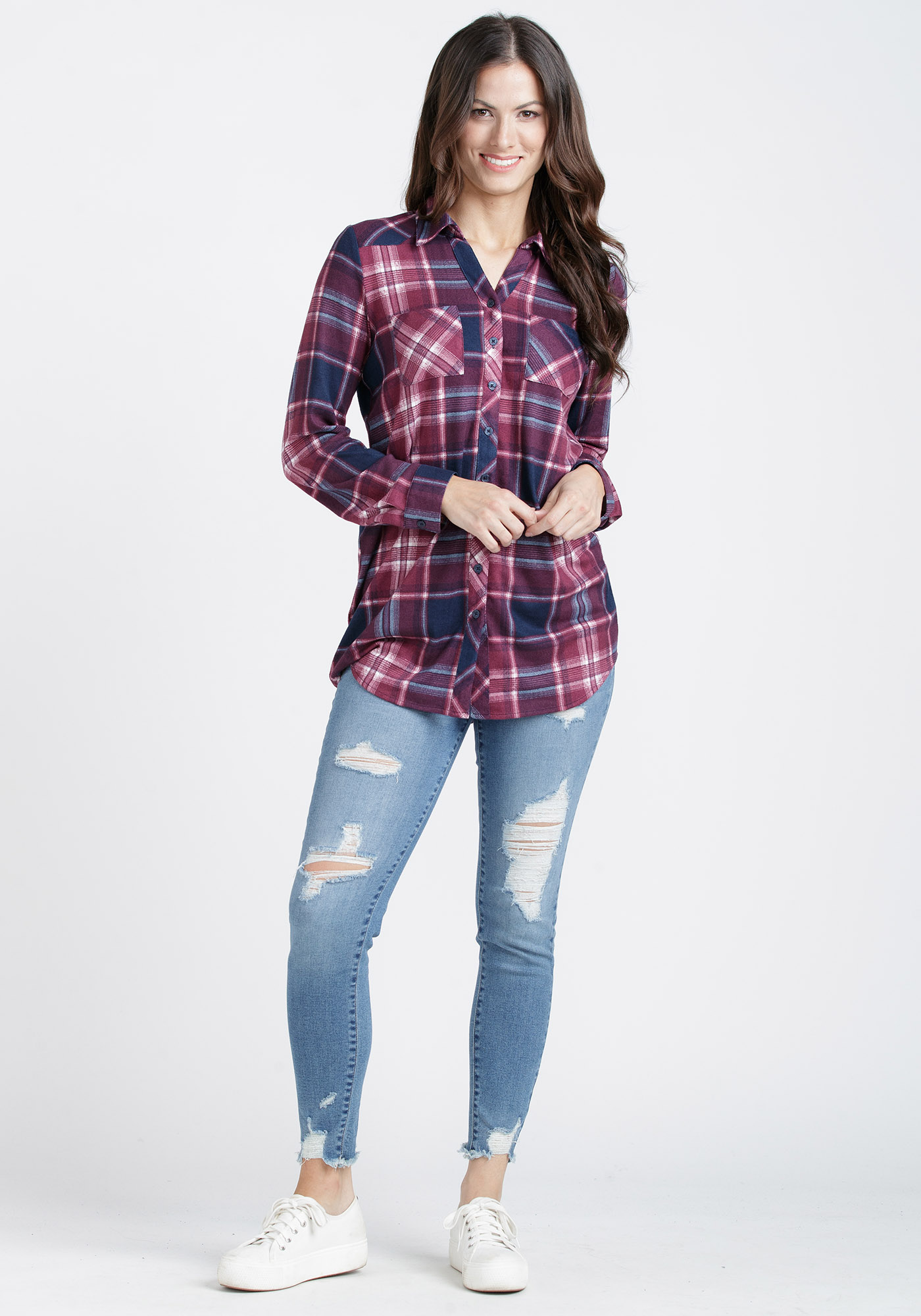 Women's Brushed Knit Plaid Tunic Shirt